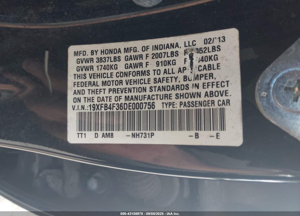 2013 HONDA CIVIC HYBRID VIN: 19XFB4F36DE000756