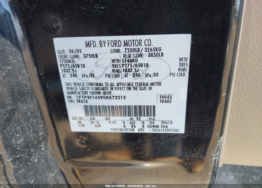 2005 FORD F-150 FX4/LARIAT/XLT VIN: 1FTPW14595KE72315