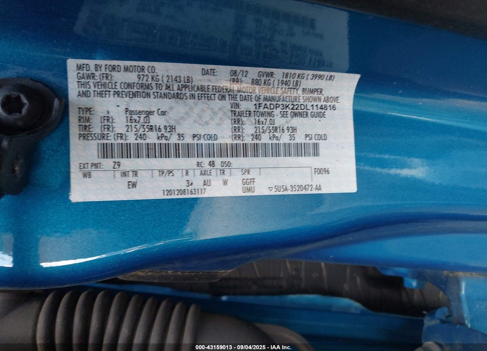 2013 FORD FOCUS VIN: 1FADP3K22DL114816
