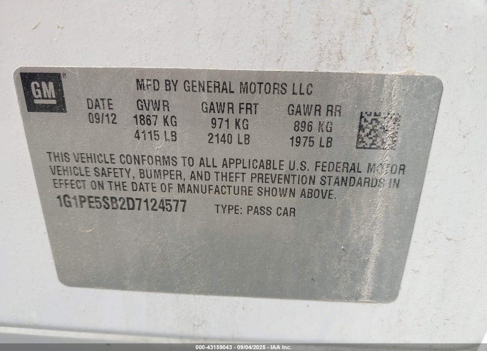 2013 CHEVROLET CRUZE VIN: 1G1PE5SB2D7124577