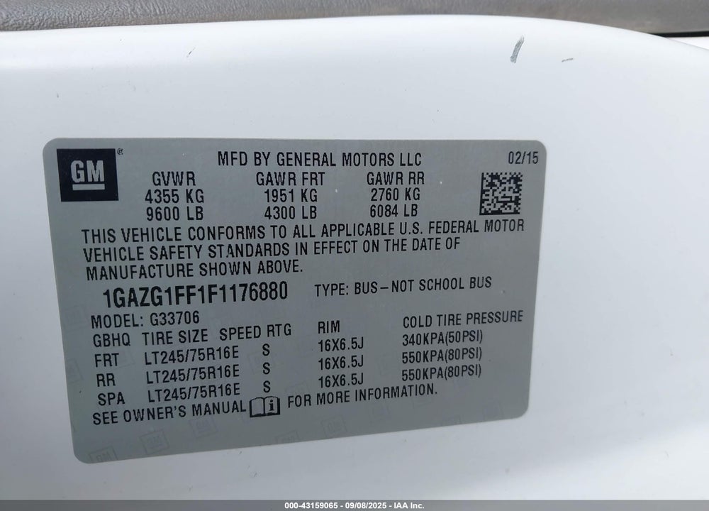 2015 CHEVROLET EXPRESS 3500 LT VIN: 1GAZG1FF1F1176880