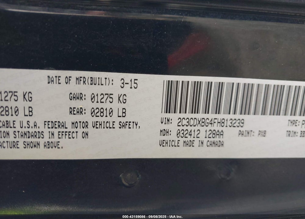 2015 DODGE CHARGER SE VIN: 2C3CDXBG4FH813239