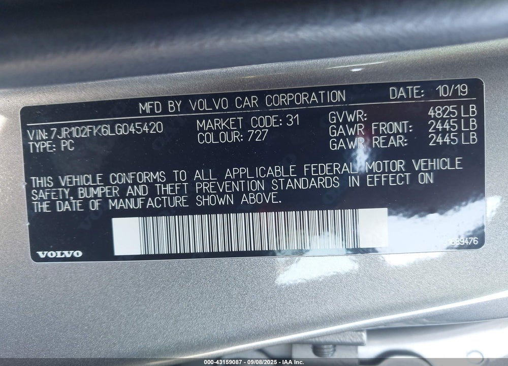2020 VOLVO S60 VIN: 7JR102FK6LG045420
