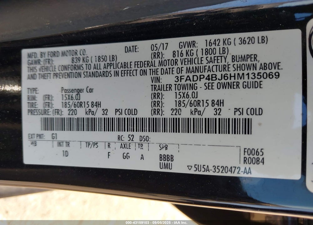 2017 FORD FIESTA VIN: 3FADP4BJ6HM135069