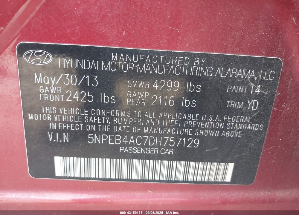 2013 HYUNDAI SONATA VIN: 5NPEB4AC7DH757129