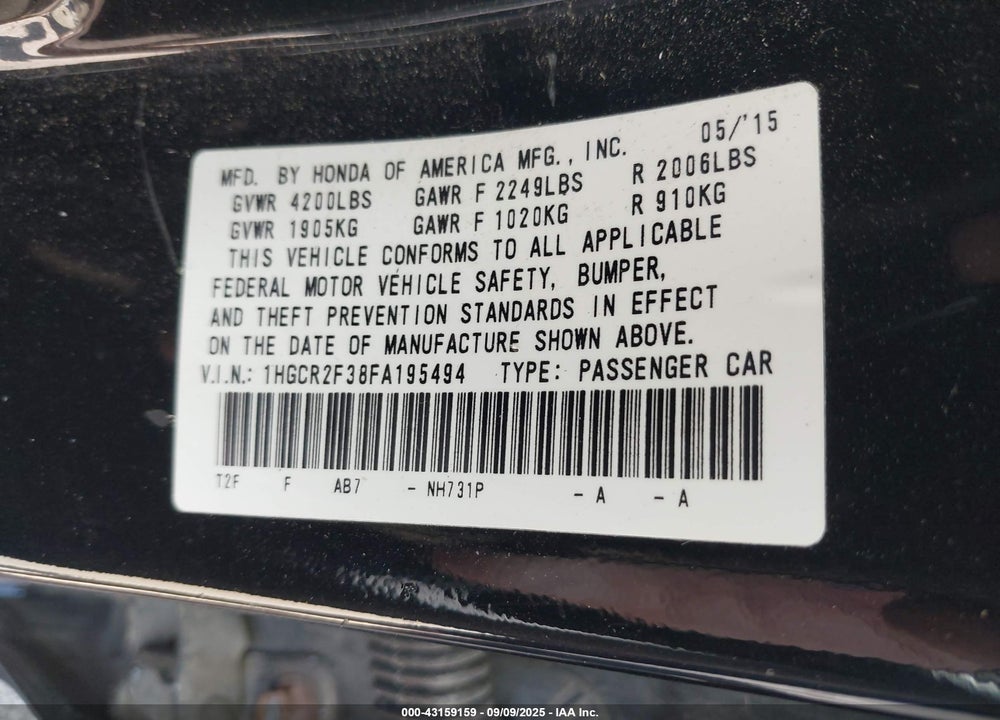 2015 HONDA ACCORD VIN: 1HGCR2F38FA195494