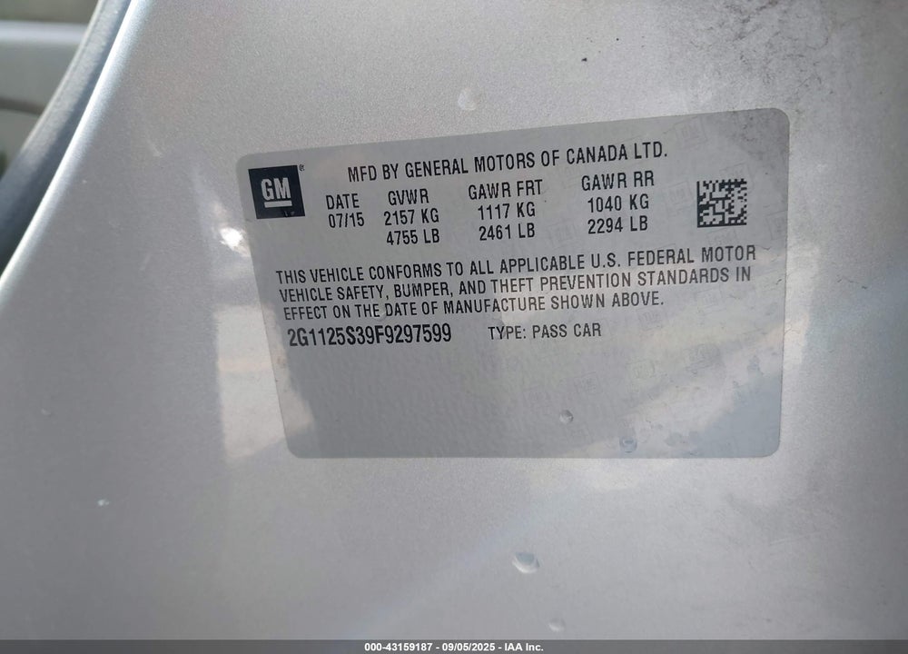 2015 CHEVROLET IMPALA VIN: 2G1125S39F9297599