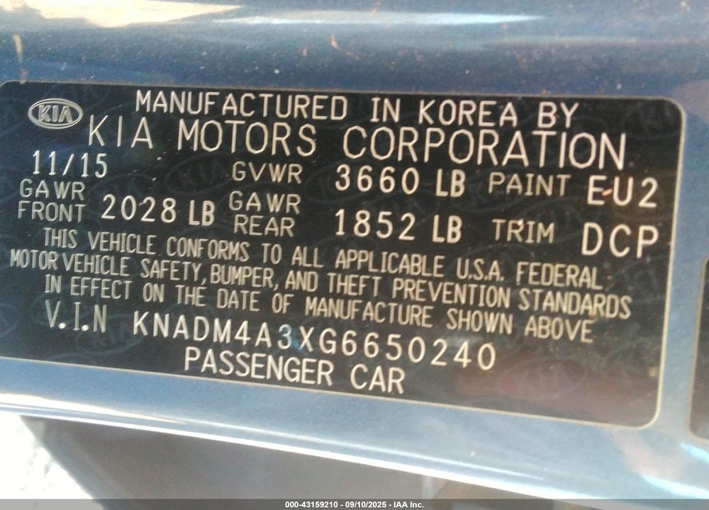 2016 KIA RIO VIN: KNADM4A3XG6650240