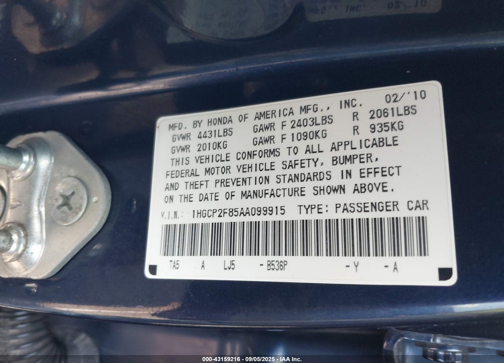 2010 HONDA ACCORD 2.4 EX-L VIN: 1HGCP2F85AA099915