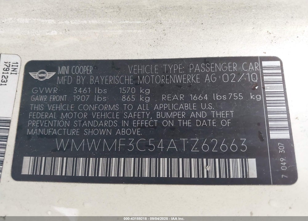 2010 MINI COOPER VIN: WMWMF3C54ATZ62663