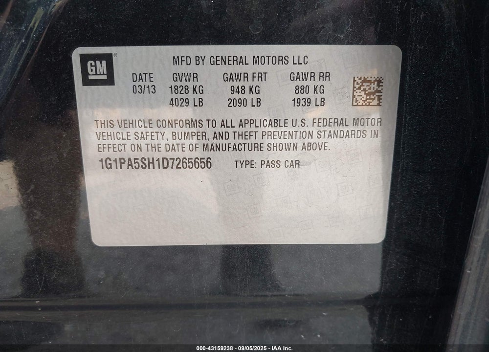 2013 CHEVROLET CRUZE LS AUTO VIN: 1G1PA5SH1D7265656