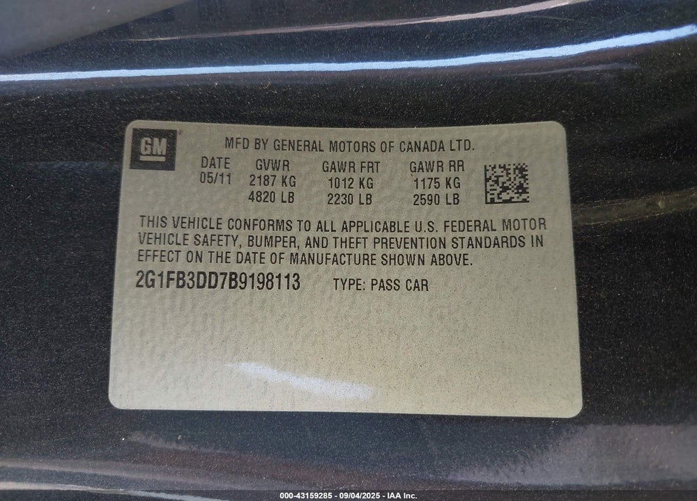 2011 CHEVROLET CAMARO 1LT VIN: 2G1FB3DD7B9198113