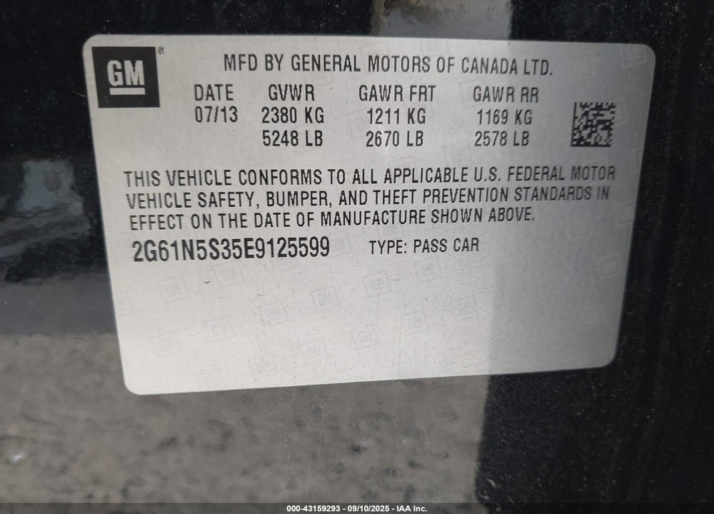 2014 CADILLAC XTS VIN: 2G61N5S35E9125599