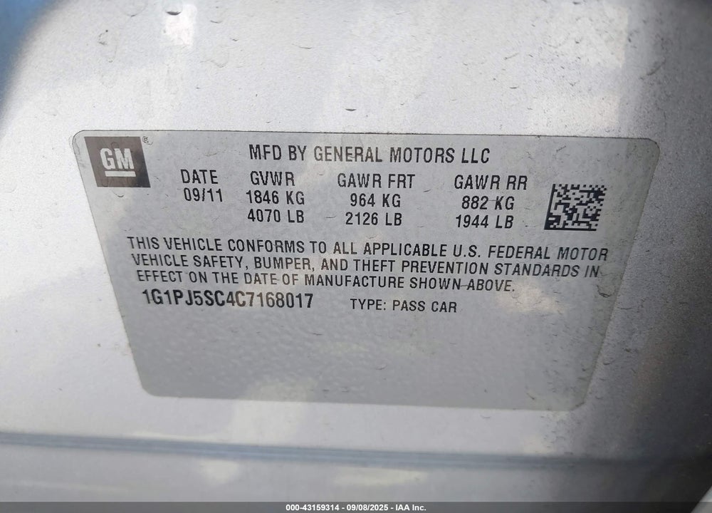 2012 CHEVROLET CRUZE VIN: 1G1PJ5SC4C7168017