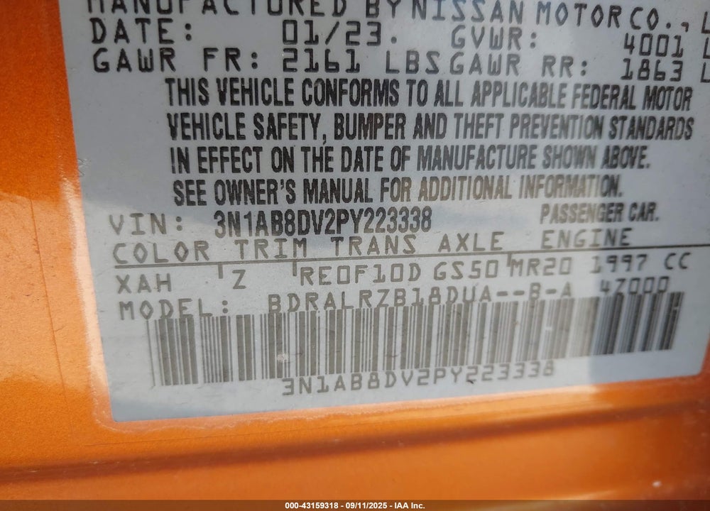 2023 NISSAN SENTRA SR XTRONIC CVT VIN: 3N1AB8DV2PY223338