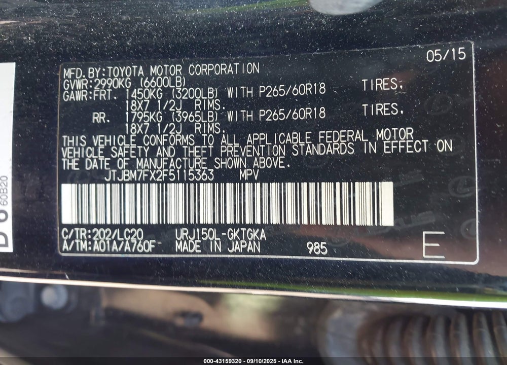 2015 LEXUS GX 460 VIN: JTJBM7FX2F5115363