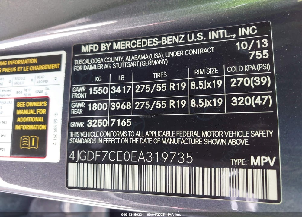 2014 MERCEDES-BENZ GL-CLASS VIN: 4JGDF7CE0EA319735