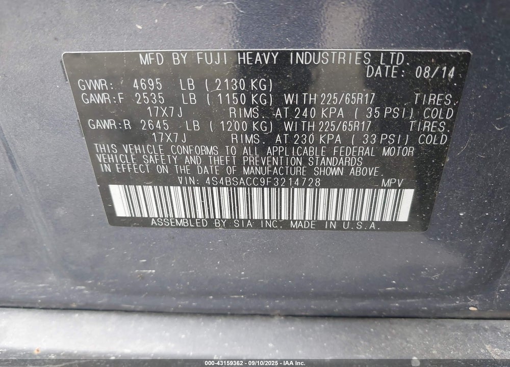 2015 SUBARU OUTBACK 2.5I PREMIUM VIN: 4S4BSACC9F3214728