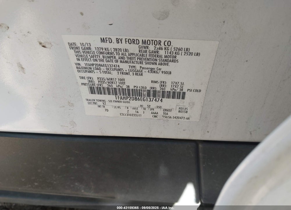 2014 FORD TAURUS VIN: 1FAHP2D86EG137474