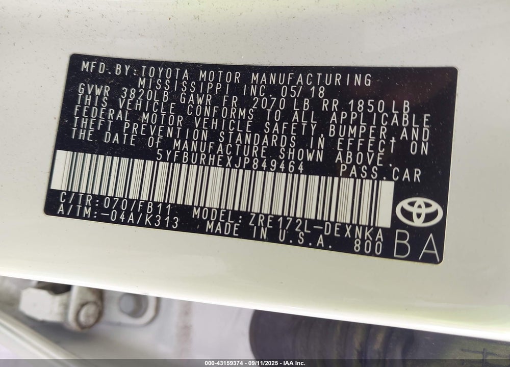 2018 TOYOTA COROLLA VIN: 5YFBURHEXJP849464