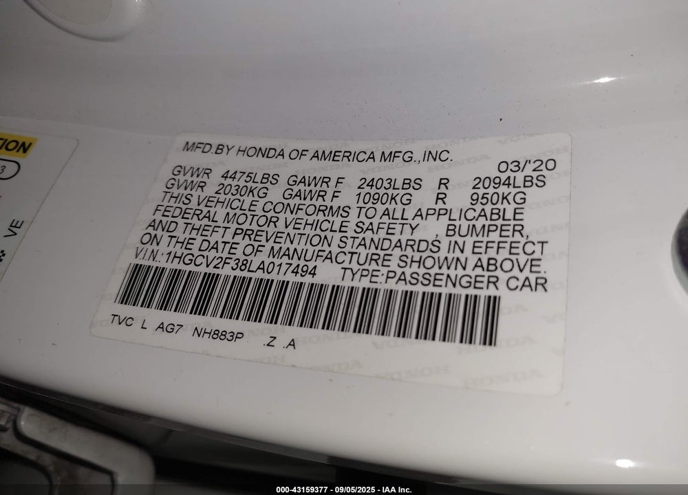2020 HONDA ACCORD VIN: 1HGCV2F38LA017494