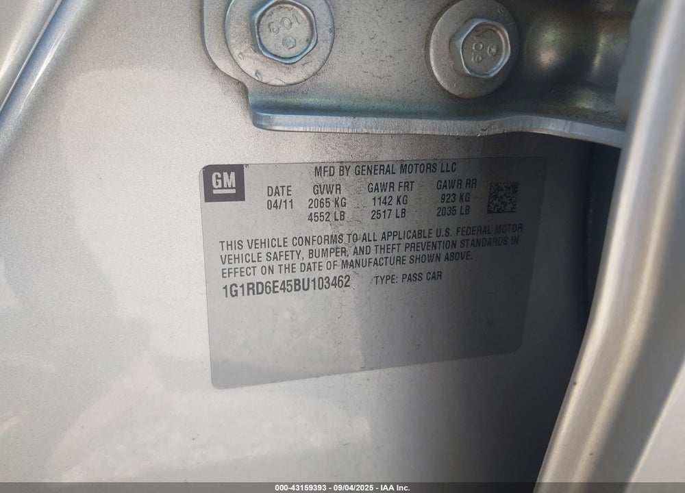 2011 CHEVROLET VOLT VIN: 1G1RD6E45BU103462