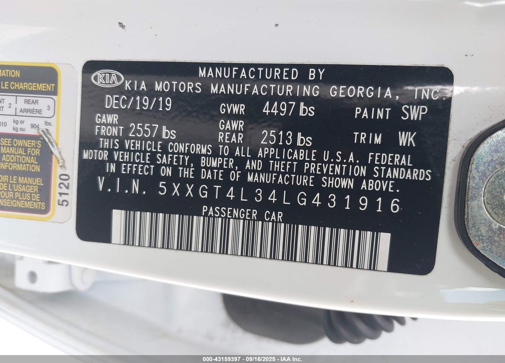 2020 KIA OPTIMA VIN: 5XXGT4L34LG431916