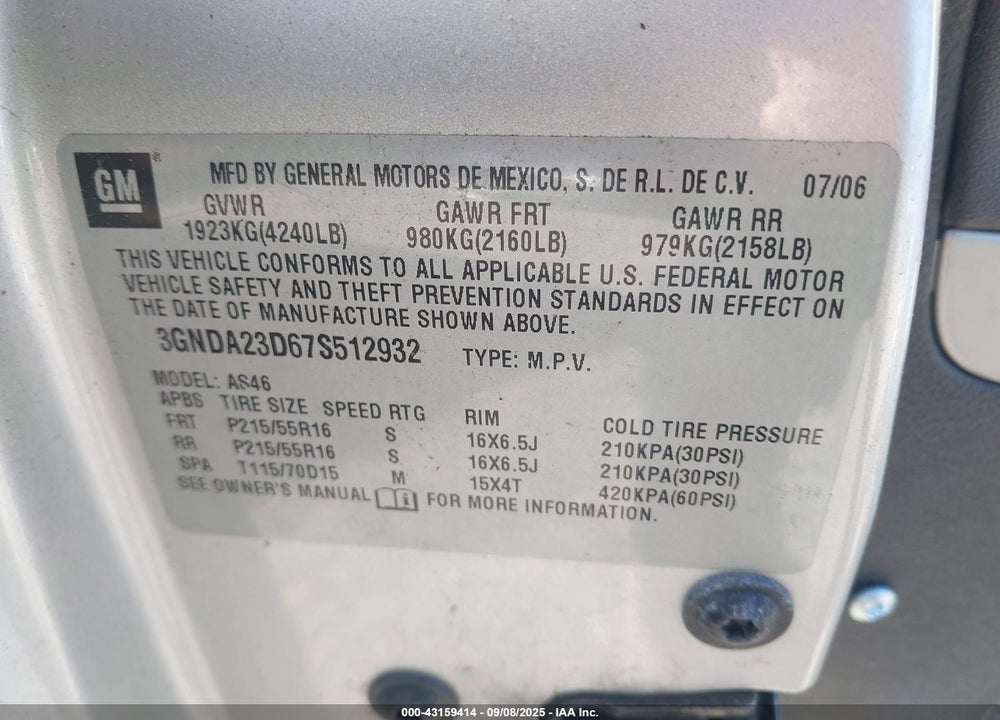 2007 CHEVROLET HHR VIN: 3GNDA23D67S512932
