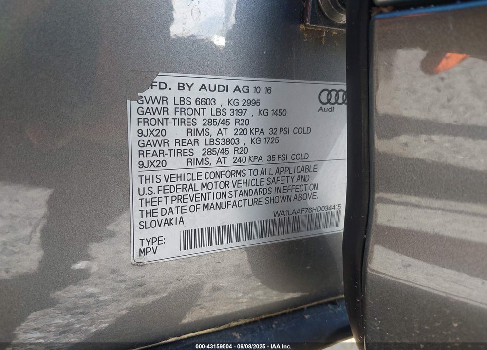 2017 AUDI Q7 VIN: WA1LAAF76HD034415