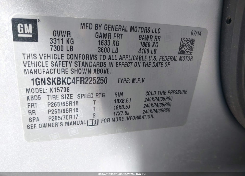 2015 CHEVROLET TAHOE LT VIN: 1GNSKBKC4FR225250