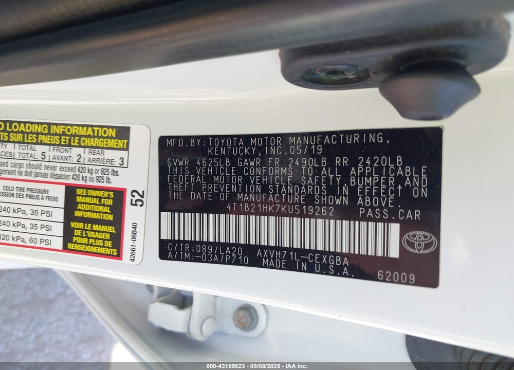2019 TOYOTA CAMRY HYBRID XLE VIN: 4T1B21HK7KU519262
