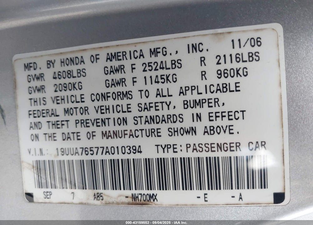 2007 ACURA TL TYPE S VIN: 19UUA76577A010394