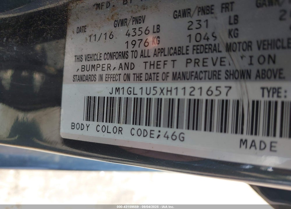 2017 MAZDA 6 VIN: JM1GL1U5XH1121657