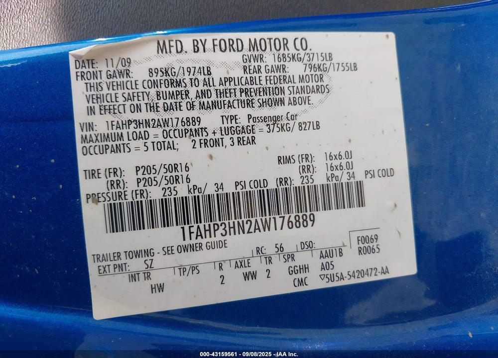 2010 FORD FOCUS VIN: 1FAHP3HN2AW176889