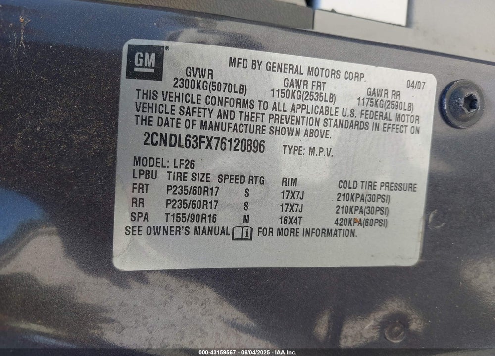 2007 CHEVROLET EQUINOX VIN: 2CNDL63FX76120896