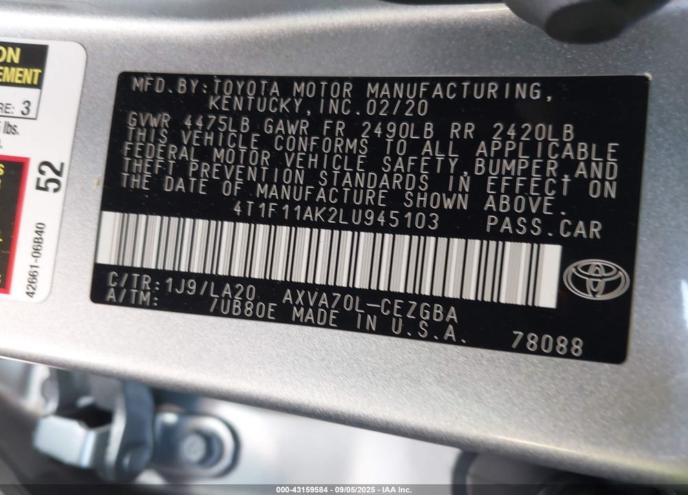 2020 TOYOTA CAMRY VIN: 4T1F11AK2LU945103