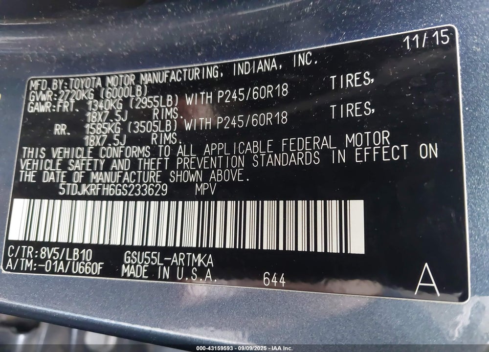 2016 TOYOTA HIGHLANDER XLE V6 VIN: 5TDJKRFH6GS233629