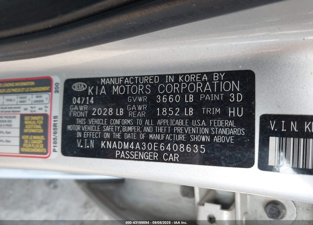 2014 KIA RIO VIN: KNADM4A30E6408635