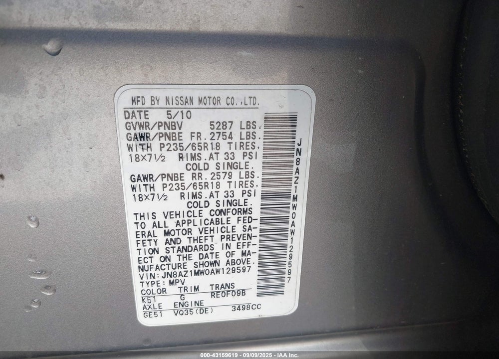 2010 NISSAN MURANO SL VIN: JN8AZ1MW0AW129597