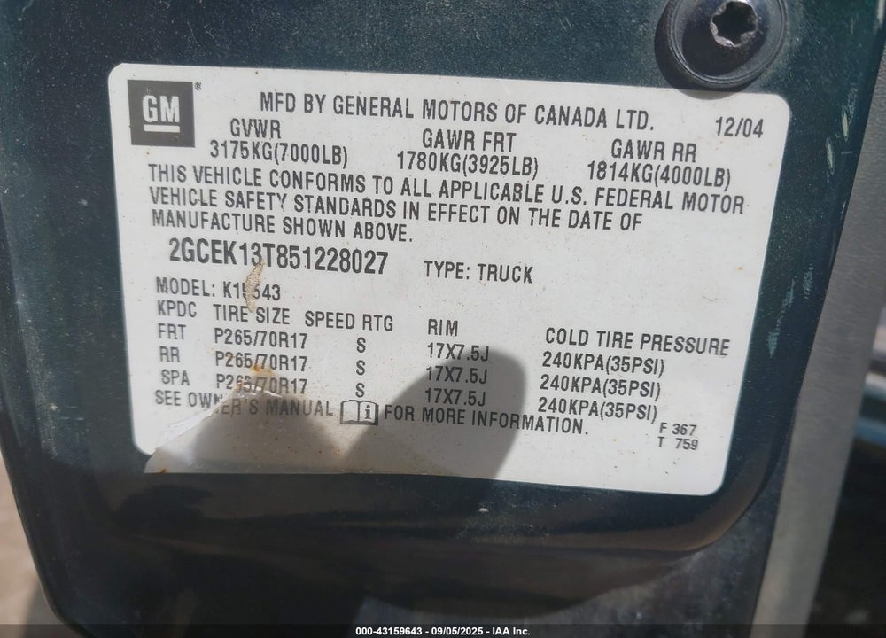 2005 CHEVROLET SILVERADO 1500 Z71 VIN: 2GCEK13T851228027