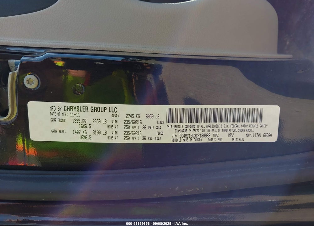 2012 CHRYSLER TOWN & COUNTRY VIN: 2C4RC1BG3CR188988