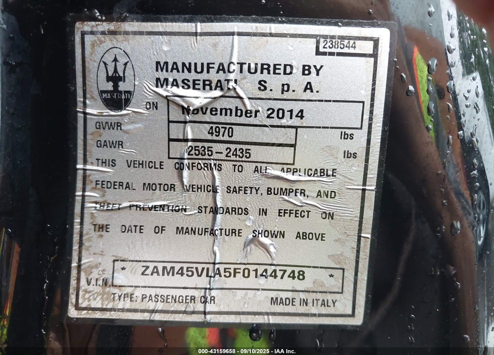 2015 MASERATI GRANTURISMO VIN: ZAM45VLA5F0144748