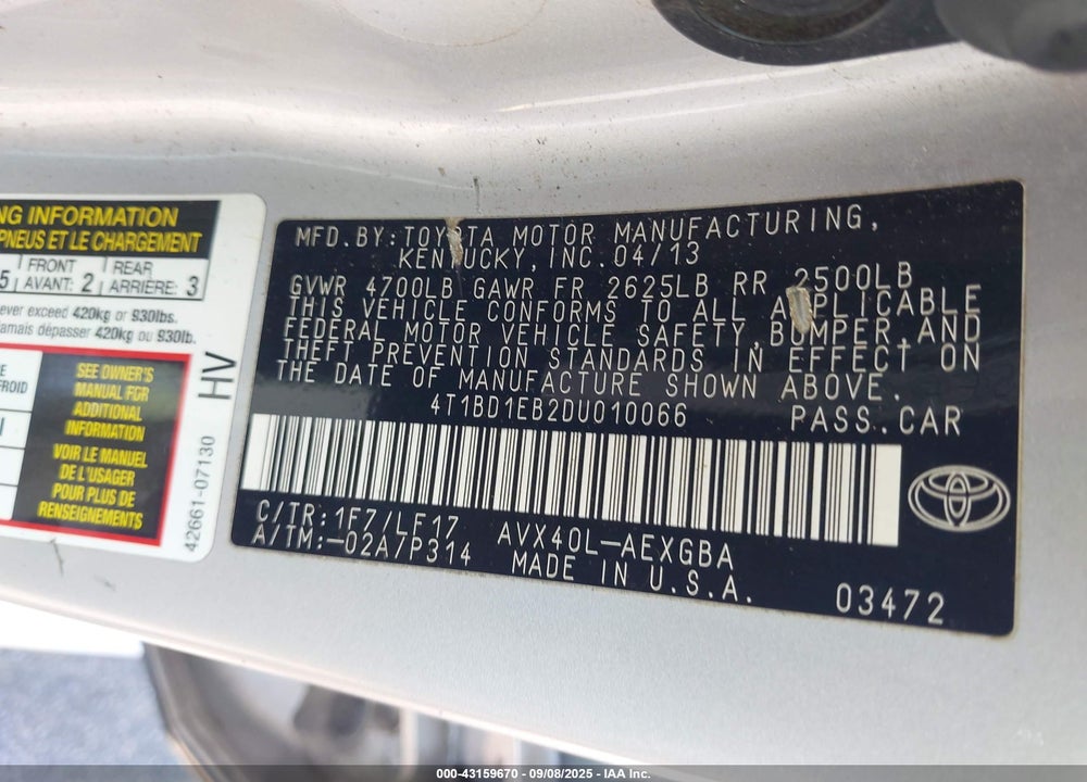 2013 TOYOTA AVALON HYBRID VIN: 4T1BD1EB2DU010066