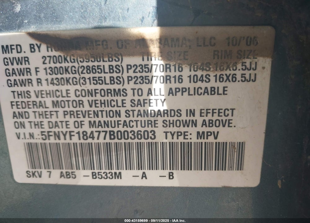 2007 HONDA PILOT EX VIN: 5FNYF18477B003603