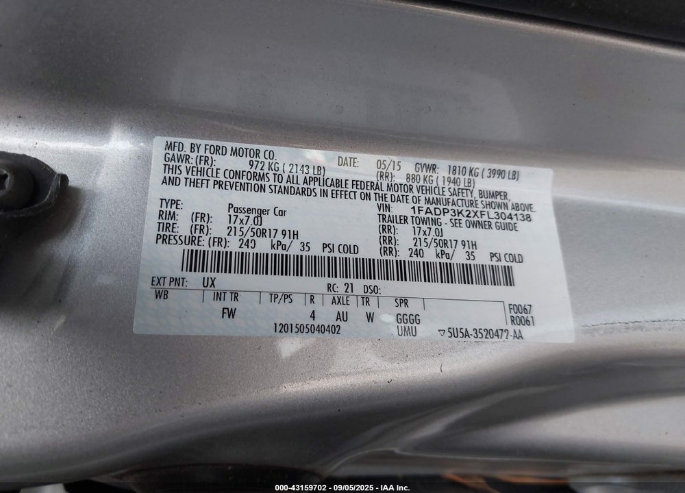 2015 FORD FOCUS VIN: 1FADP3K2XFL304138