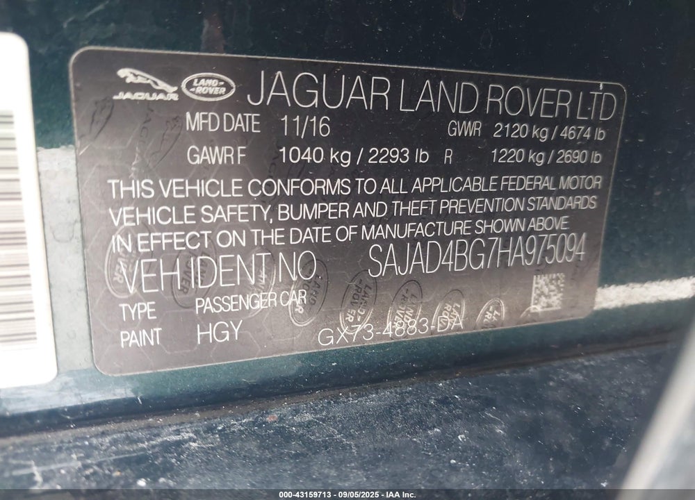 2017 JAGUAR XE VIN: SAJAD4BG7HA975094