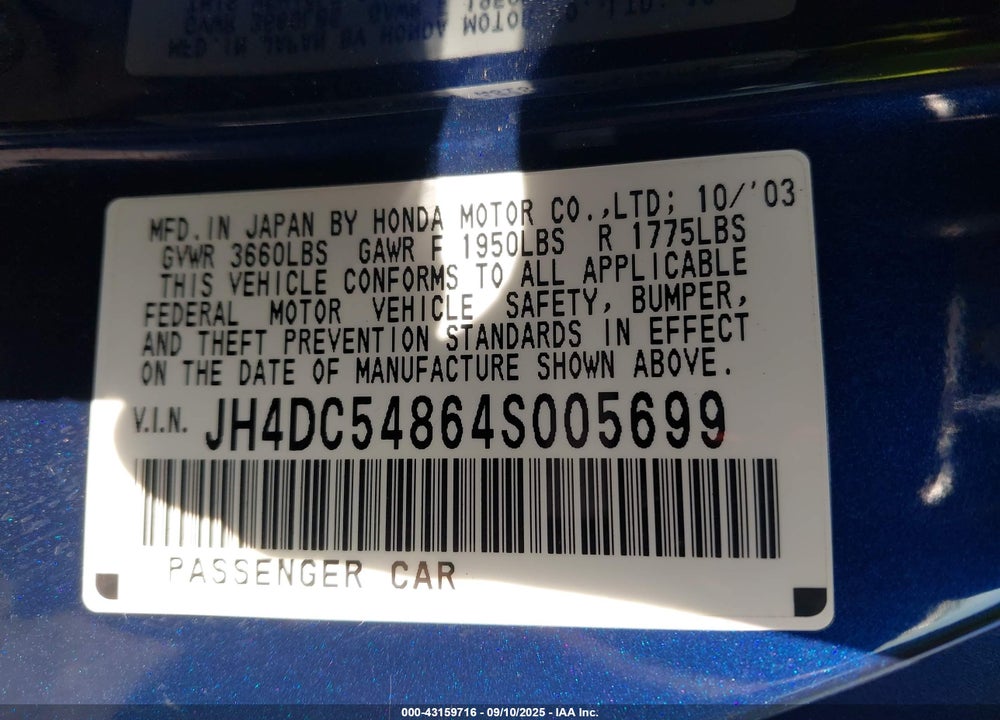 2004 ACURA RSX VIN: JH4DC54864S005699