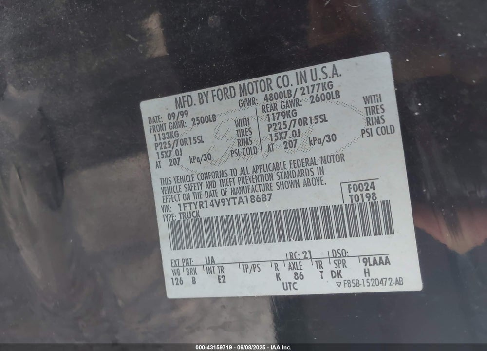2000 FORD RANGER VIN: 1FTYR14V9YTA18687