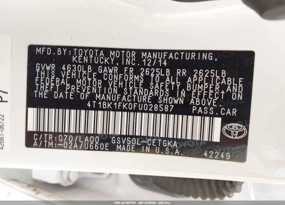 2015 TOYOTA CAMRY VIN: 4T1BK1FK0FU028587