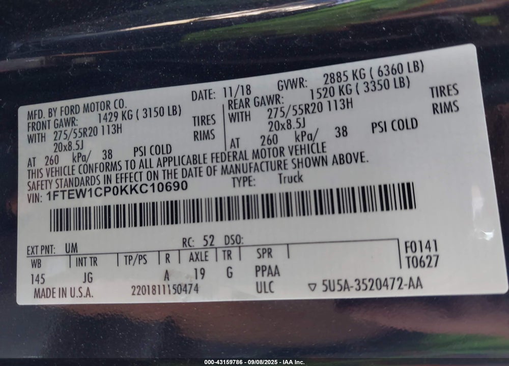 2019 FORD F-150 XL VIN: 1FTEW1CP0KKC10690